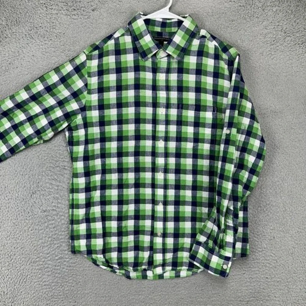 Banana Republic Linen Blend Button Up Shirt Adult Medium Green Navy Plaid Mens
